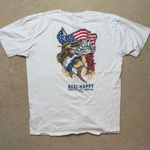 Reel Happy White Tee with American Flag and Fish